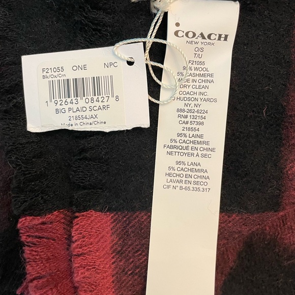 Coach Mens Oxblood Red Big Plaid Wool Blend Rectangle Long Scarf F21055 - Picture 3 of 3